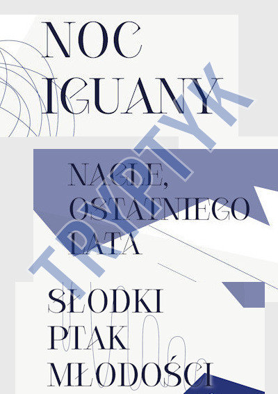 Plakat wydarzenia:  TRYPTYK - 3 spektakle jednego dnia: Noc Iguany, Słodki Ptak Młodości, Nagle Ostatniego Lata  PRZEDPREMIERA NA FRYCZU